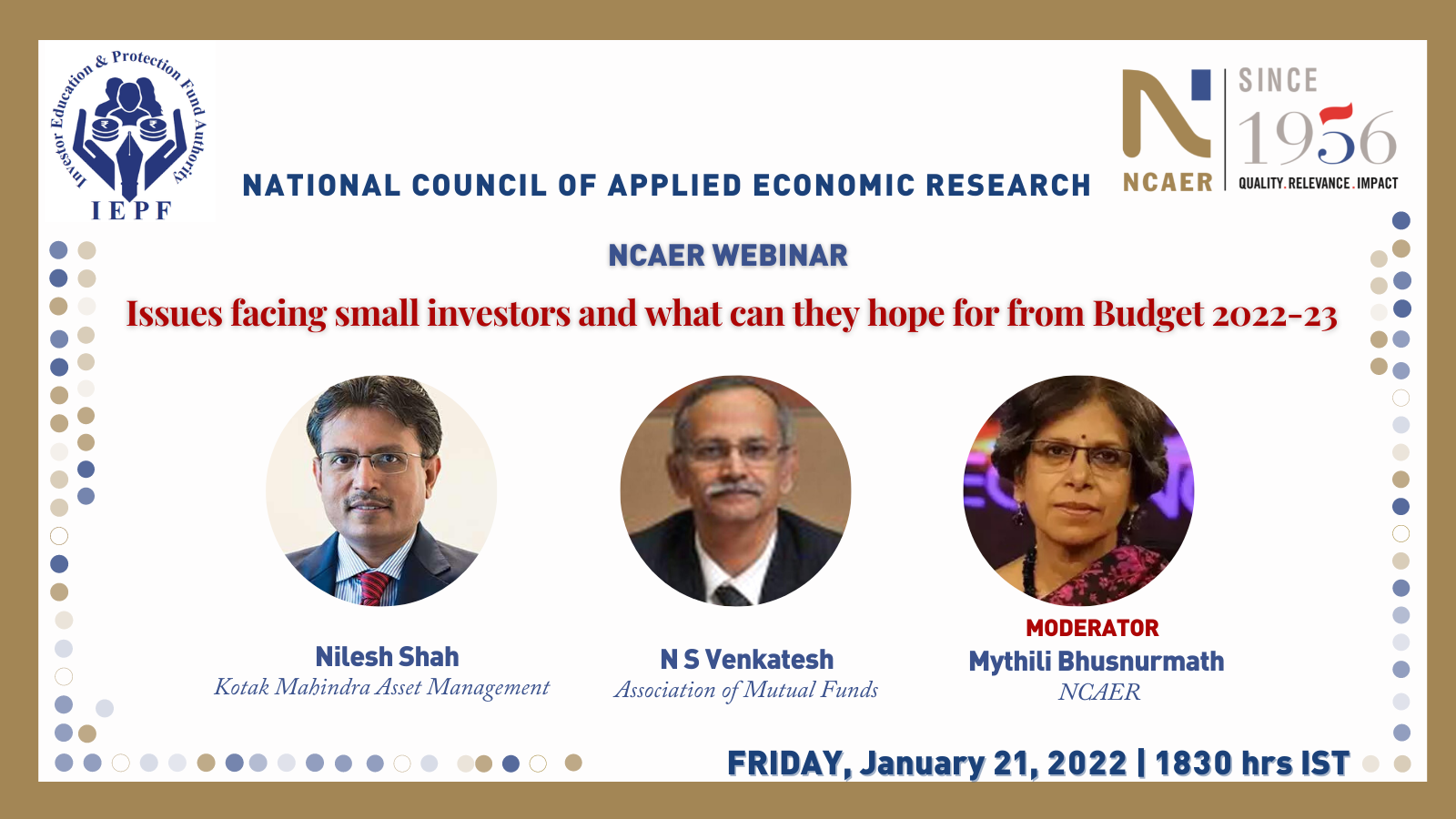 NCAER Webinar on Issues facing small investors and what can they hope for from Budget 22-23