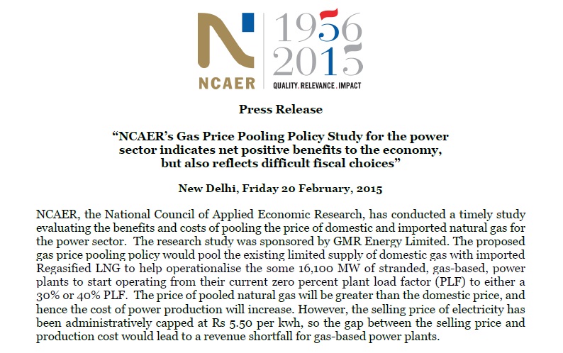 Press Release: NCAER's Gas Price Pooling Policy Study for the power  sector indicates net positive benefits to the economy,  but also reflects difficult fiscal choices