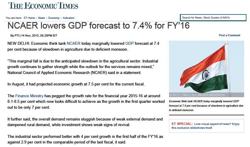 NCAER lowers GDP forecast to 7.4% for FY’16
