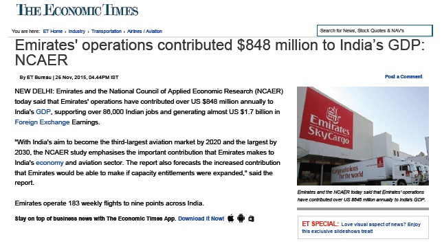 Emirates’ operations contributed $848 million to India’s GDP: NCAER