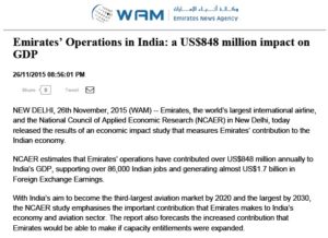 Emirates’ Operations in India: a US$848 million impact on GDP