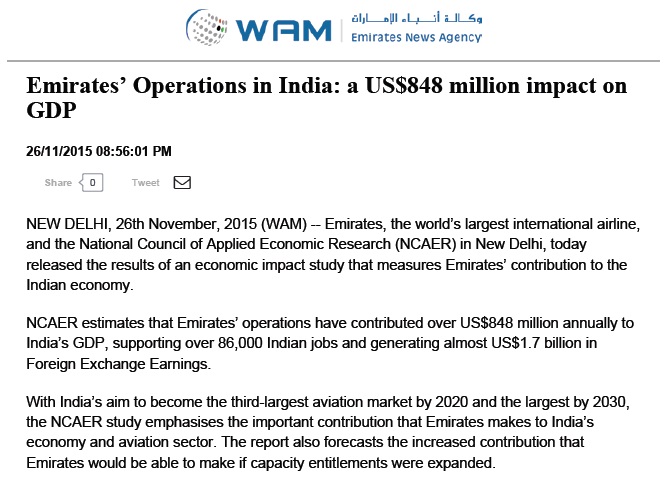 Emirates’ Operations in India: a US$848 million impact on GDP