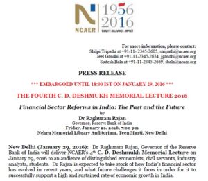 Press Release : Dr Raghuram Rajan’s Lecture on Financial Sector Reforms in India: The Past and the Future at the Nehru Memorial Library Auditorium, Teen Murti, New Delhi