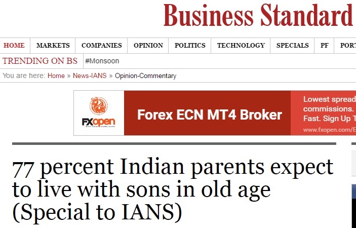 77 percent Indian parents expect to live with sons in old age