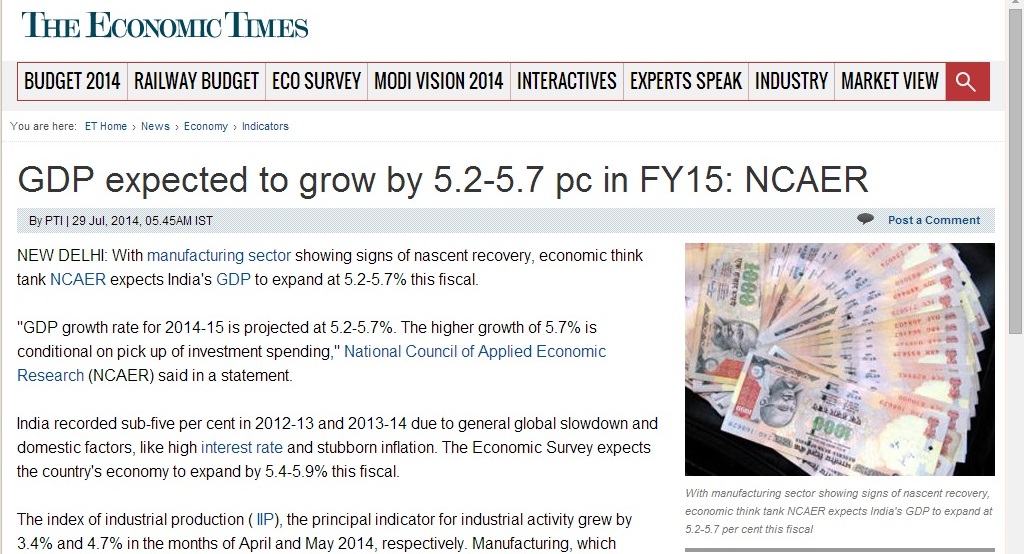 GDP expected to grow by 5.2-5.7 pc in FY15: NCAER