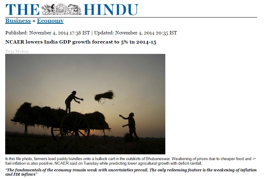 The Hindu: NCAER lowers India GDP growth forecast to 5% in 2014-15