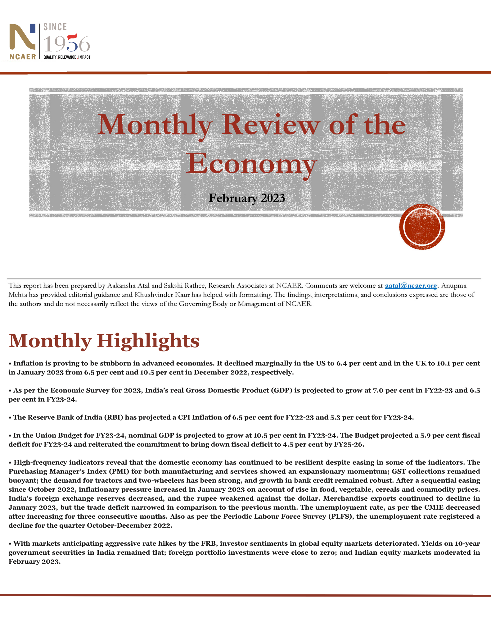 Monthly Review of the Economy – February 2023