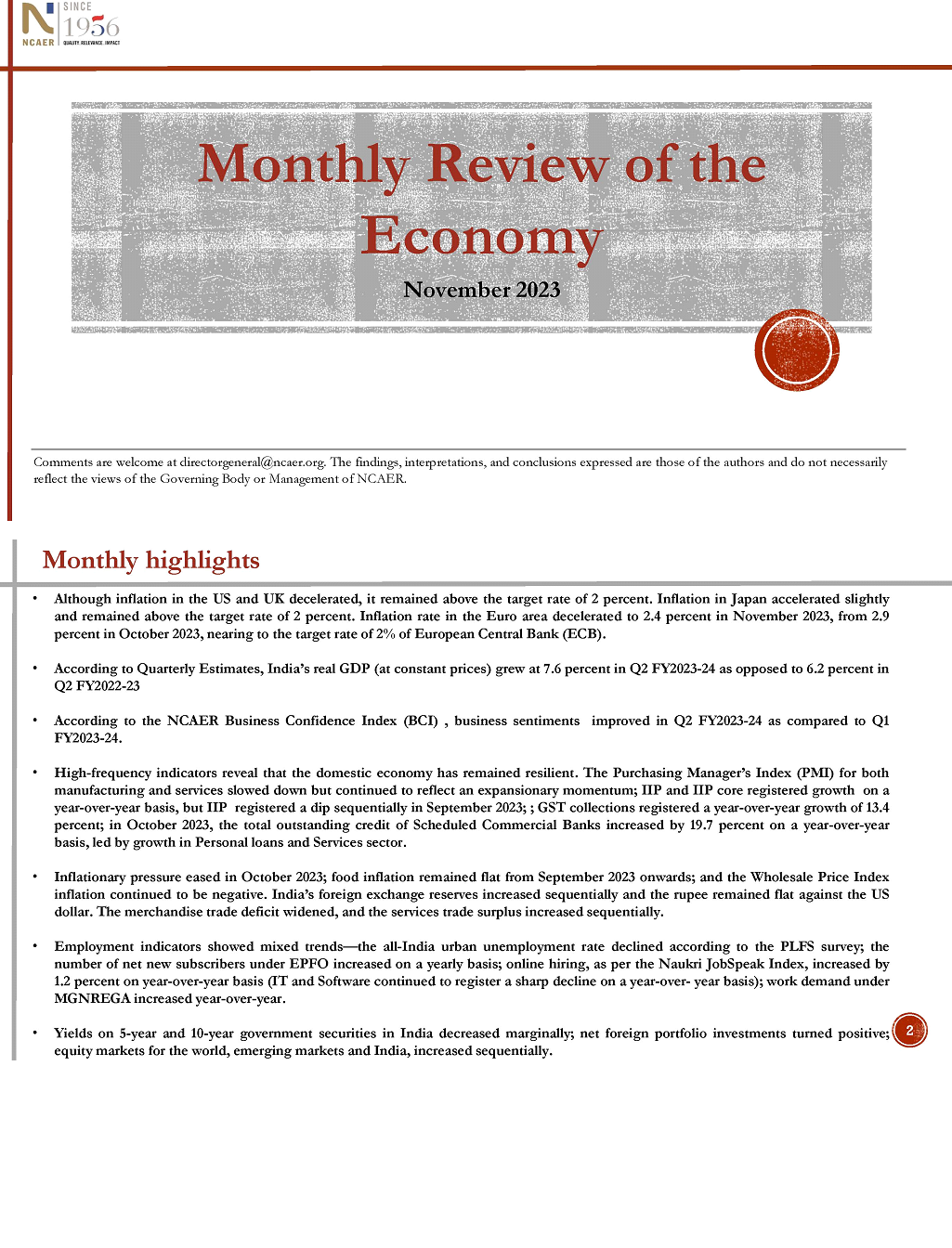 Monthly Review of the Economy – November 2023