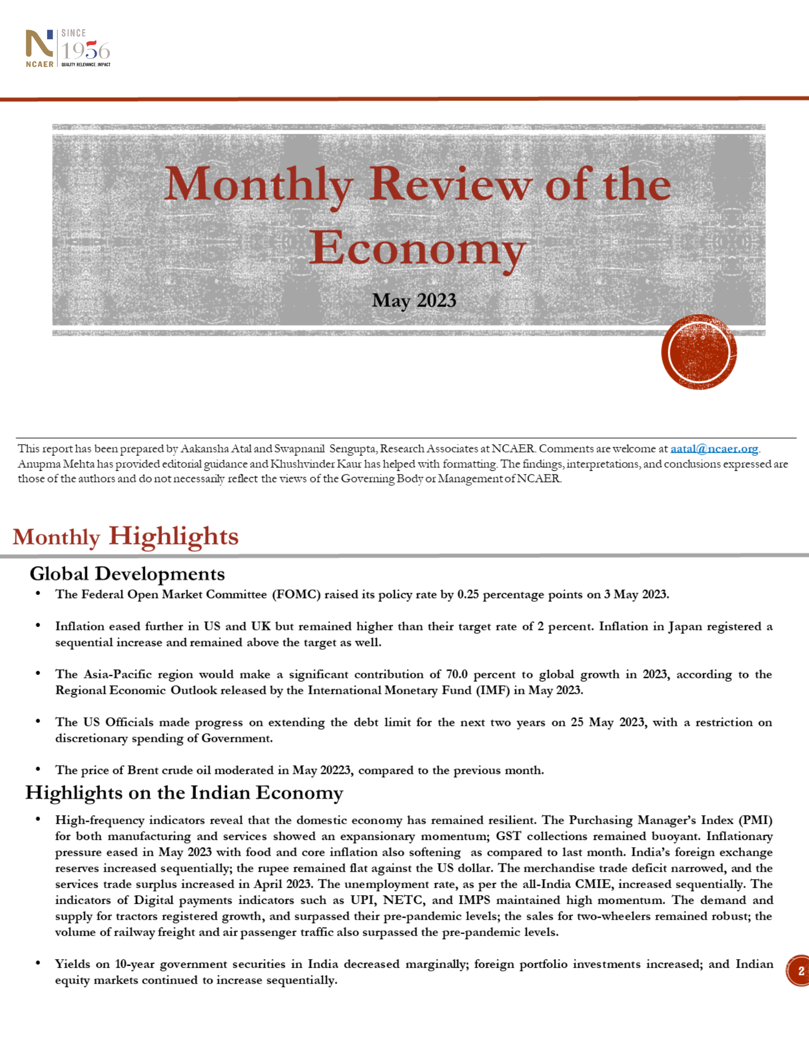 Monthly Review of the Economy – May 2023