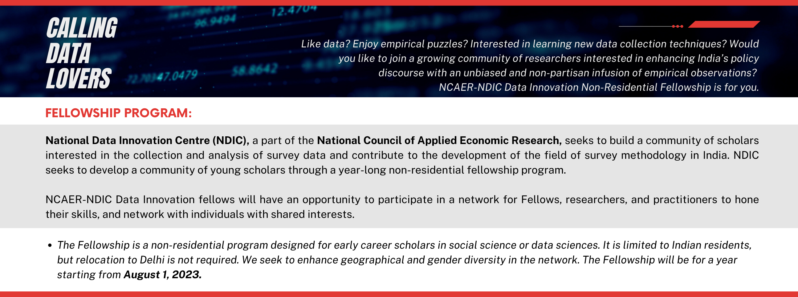 Call for Applications for NCAER-NDIC Data Innovation Fellowship