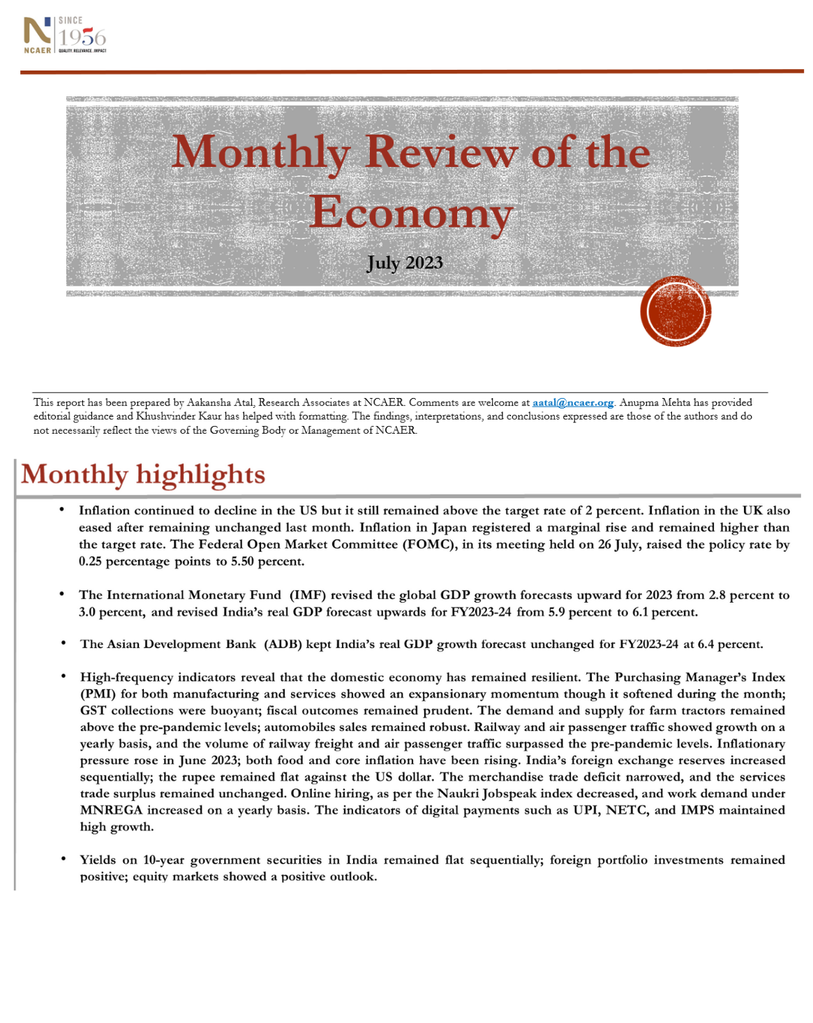 Monthly Review of the Economy – August 2023