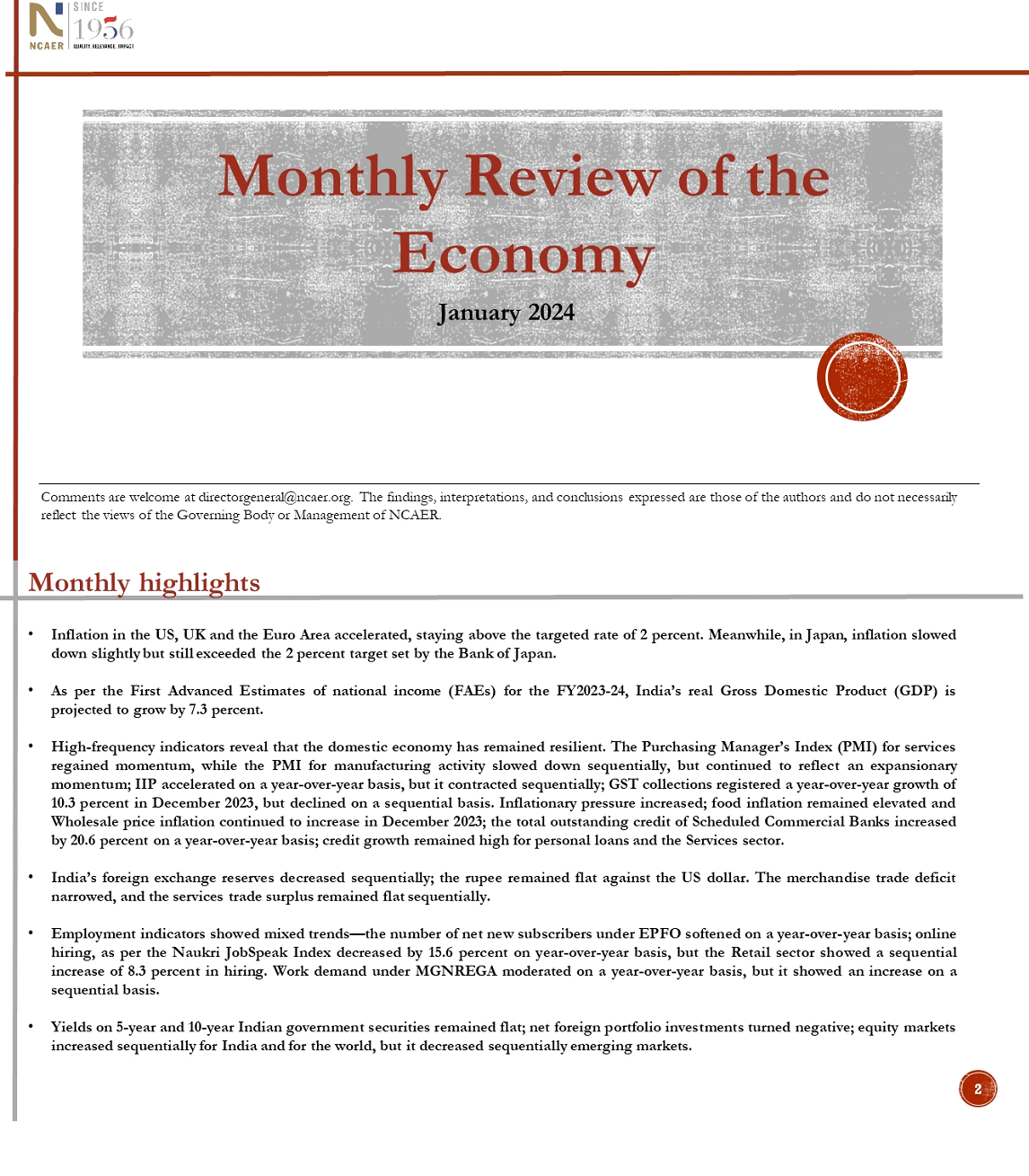 Monthly Review of the Economy: January 2024
