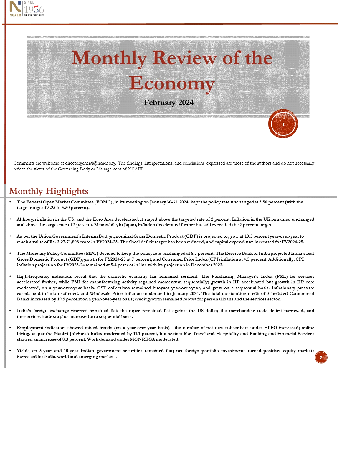 Monthly Review of the Economy: February 2024